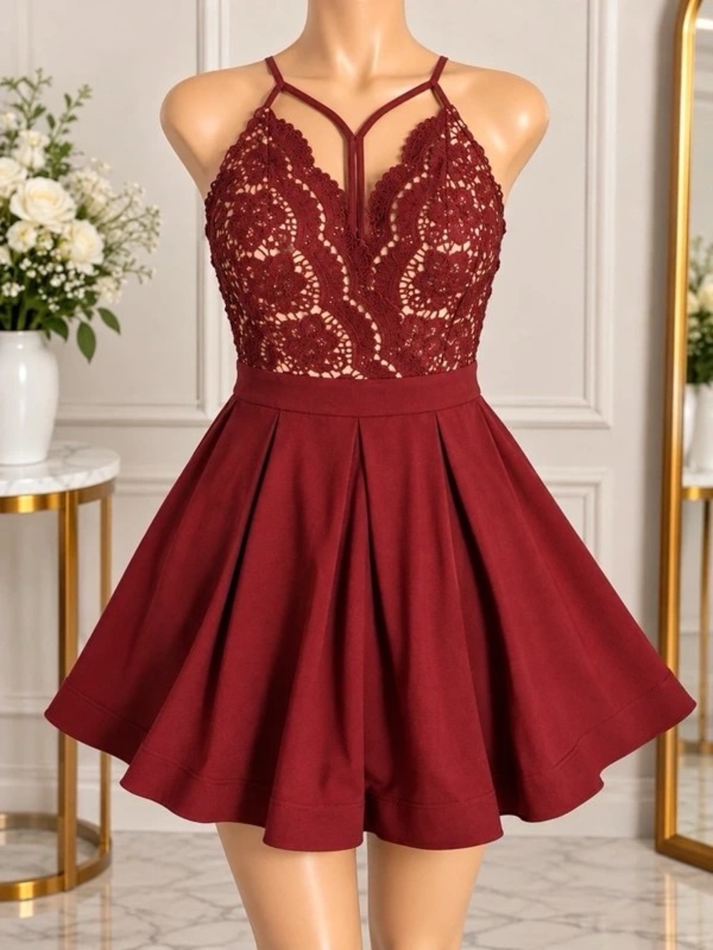 Strappy Lace Bodice Midi Dress in Burgundy